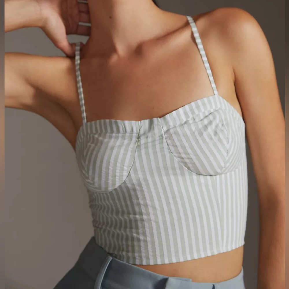 Anthropologie Bustier Cropped Tank Top Women’s Small Stripes White/Green Cotton - Picture 2 of 9